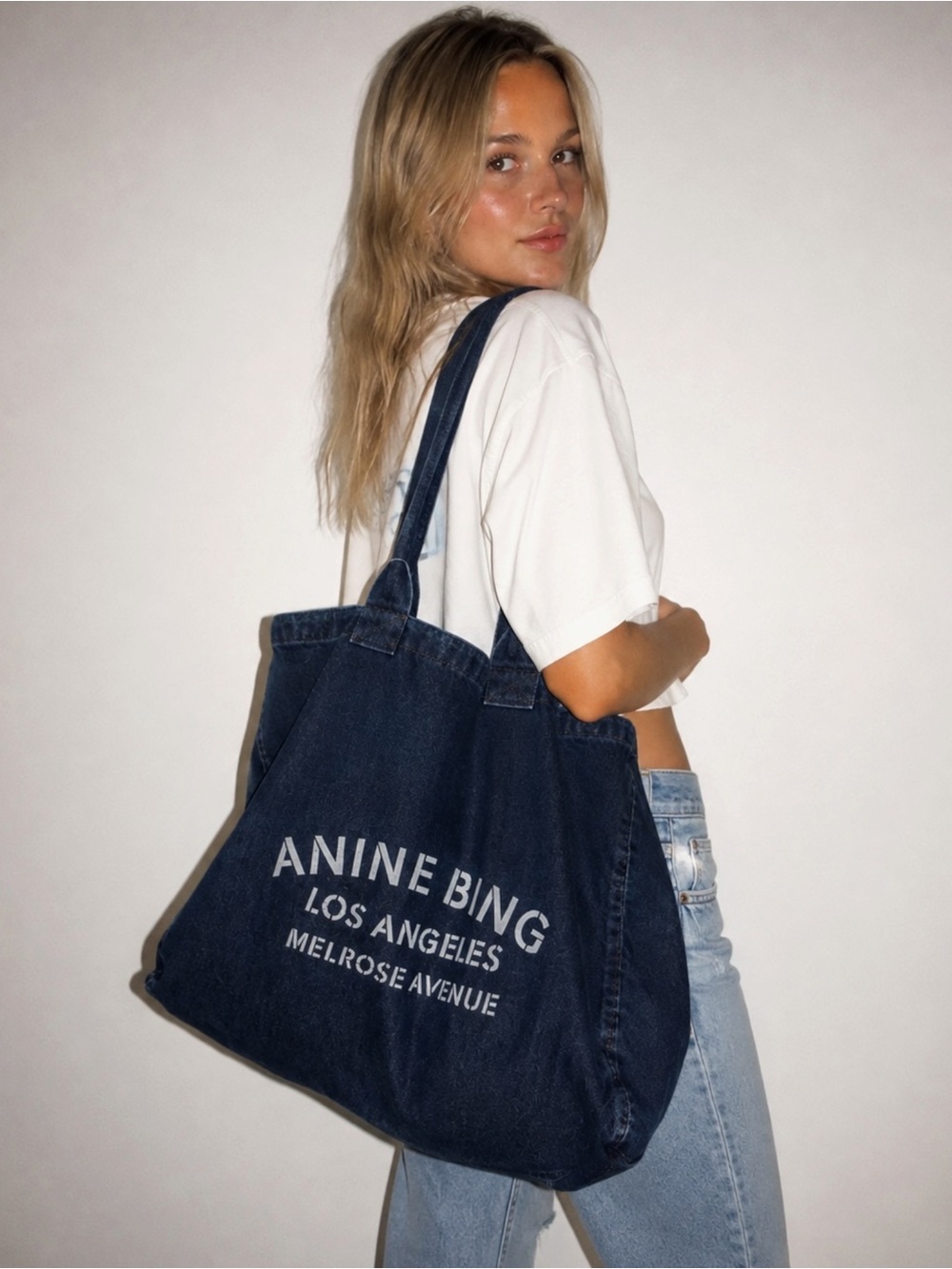 Anine Bing Denim Tote with White Logo